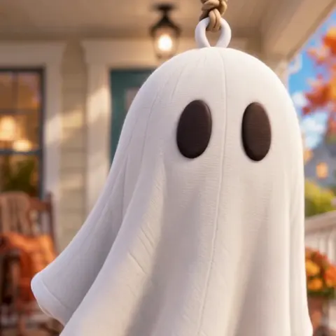 Boo, a small white cloth ghost hanging on the porch.