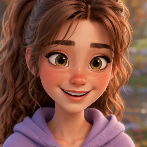 Taylor, smiling, with a chestnut ponytail and a lavender hoodie.
