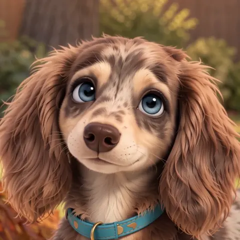 Thor, a dapple long-haired dachshund with gray-blue eyes and a teal collar.