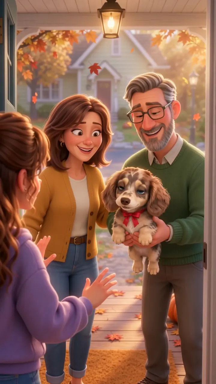 Taylor's parents on the porch, holding out a dachshund puppy with a red bow.