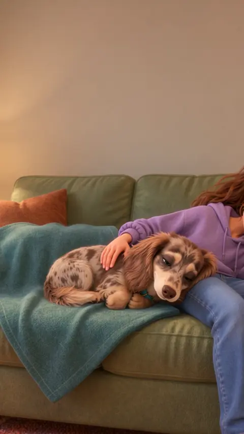 Thor curled up on a blanket beside Taylor on the sofa.