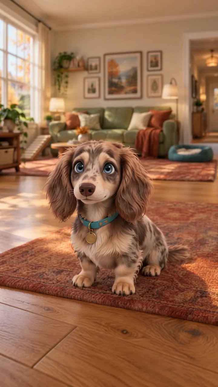 Animated Thor sitting on the living room rug, grinning at the camera.