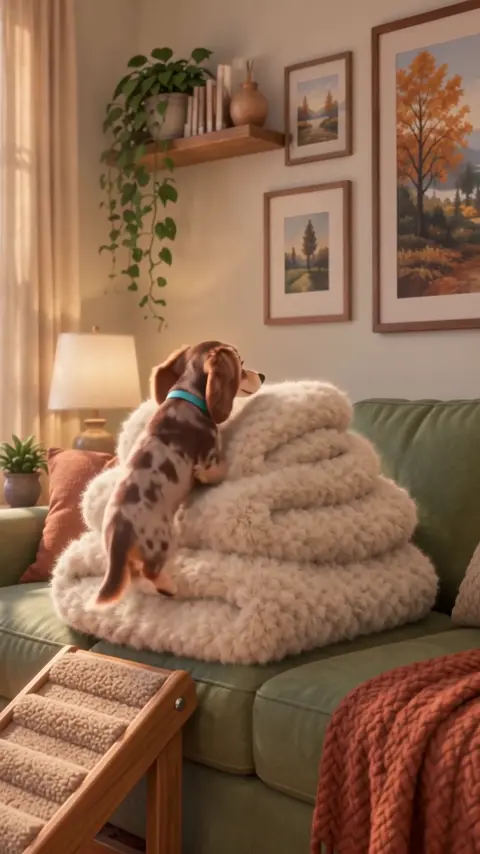 Thor standing on a stack of folded blankets on the sofa.