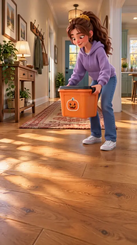 Taylor setting down an orange plastic storage tub in the hallway.