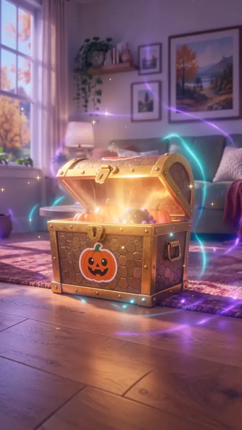 A glowing golden treasure chest swirling with purple light.