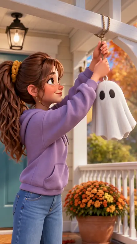 Taylor hanging a small cloth ghost decoration on the porch.
