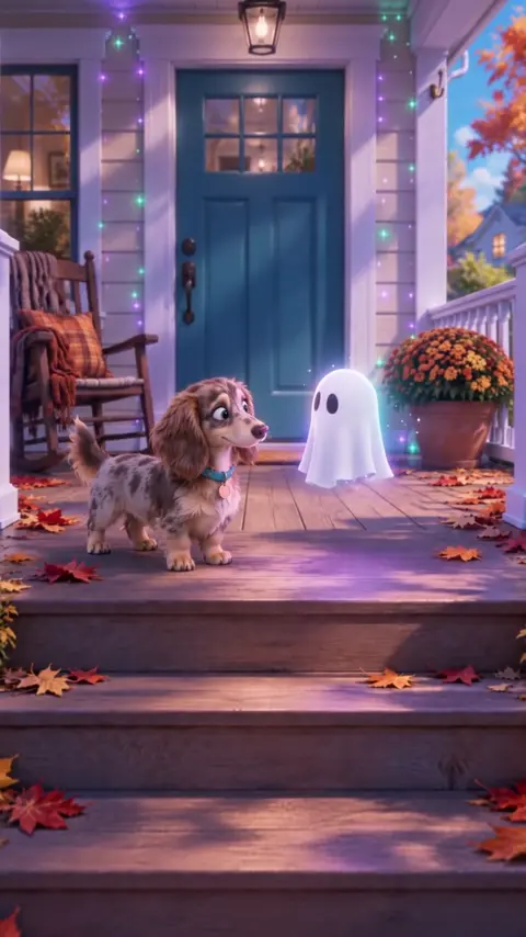 A glowing little ghost floating on the porch in front of Thor.