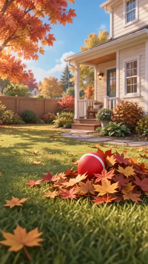 A red ball sitting on a pile of autumn leaves in the yard.