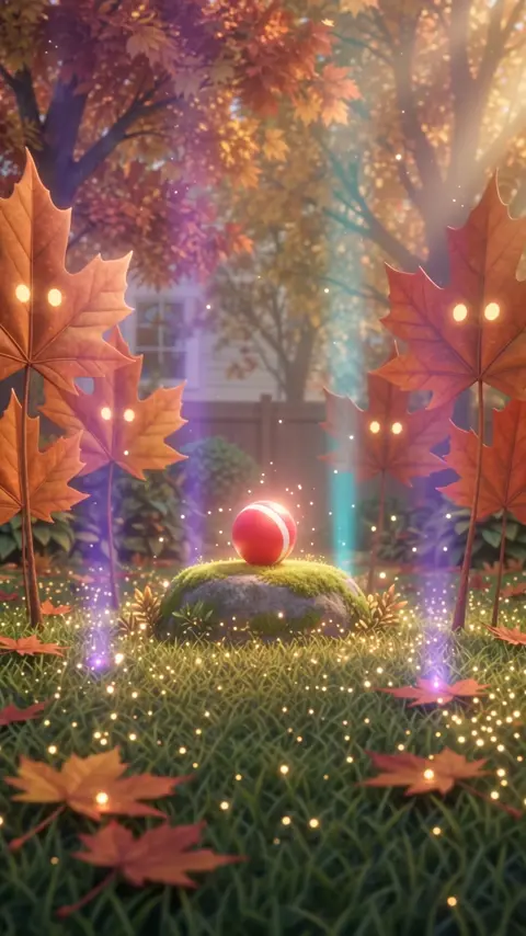 The ball on a glowing mound, guarded by giant leaves with glowing eyes.